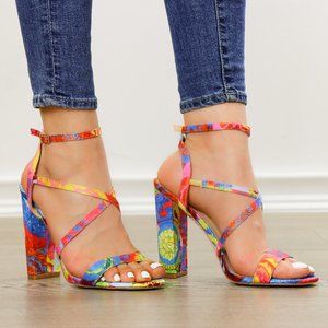 Fashion Multi-Color Strappy Chunky Heel Sandal